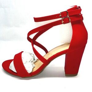 Trends Up Collection Red Block Heel Ankle Strap Sandals Women Size 6 Zip Up